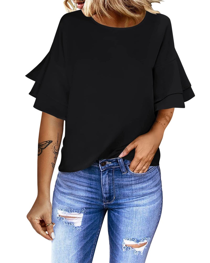 luvamia Women's Black Casual 3/4 Tiered Bell Sleeve Crewneck Loose Tops Blouses Shirt Size XXL - Image 1